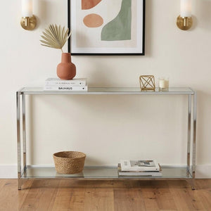 56 Inch Glass Top Iron Frame Entryway Console with Lower Display Shelf Modern Glam