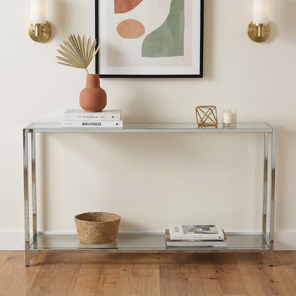 56 Inch Glass Top Iron Frame Entryway Console with Lower Display Shelf Modern Glam