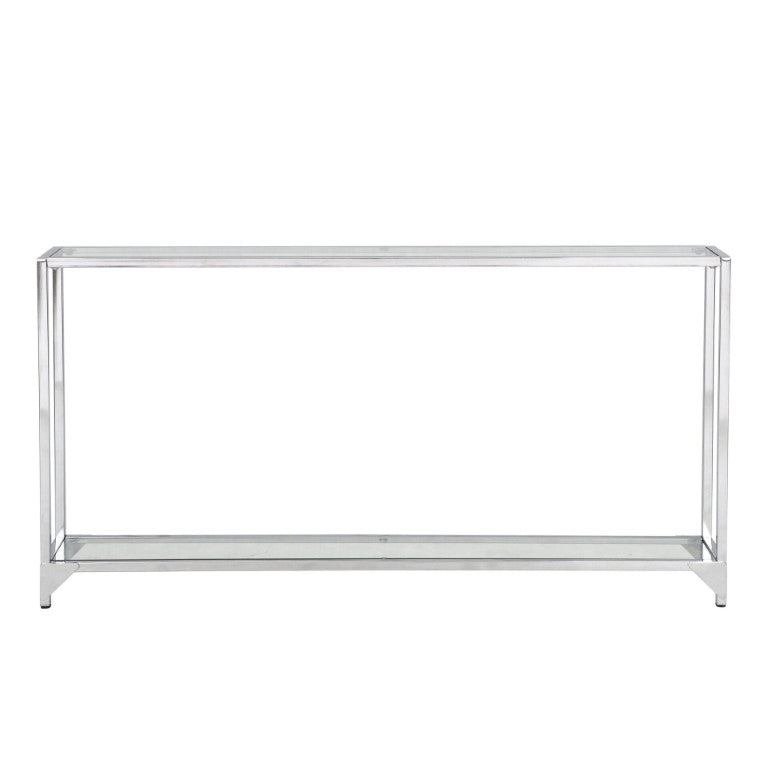 HomeRoots 56 Inch Glass Top Iron Frame Entryway Console with Lower Display Shelf Modern Glam 745534