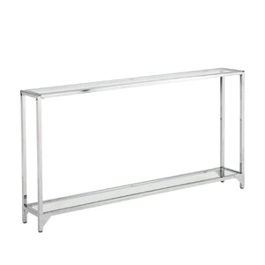 56 Inch Glass Top Iron Frame Entryway Console with Lower Display Shelf Modern Glam