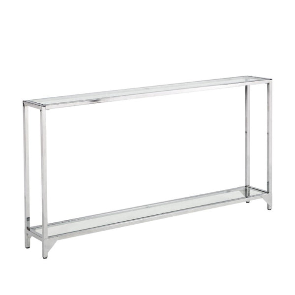 56 Inch Glass Top Iron Frame Entryway Console with Lower Display Shelf Modern Glam
