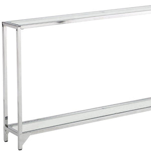 56 Inch Glass Top Iron Frame Entryway Console with Lower Display Shelf Modern Glam