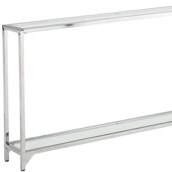 56 Inch Glass Top Iron Frame Entryway Console with Lower Display Shelf Modern Glam