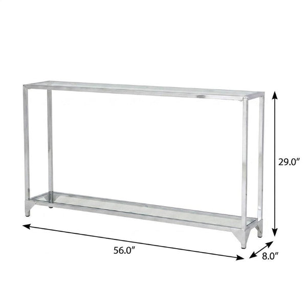 56 Inch Glass Top Iron Frame Entryway Console with Lower Display Shelf Modern Glam