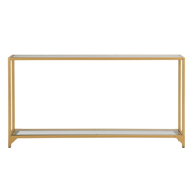 HomeRoots 56 Inch Gold Iron Frame Console Table with Glass Top Open Storage Shelf Entryway 745535