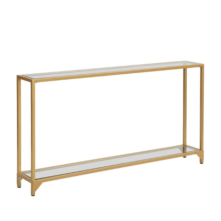 HomeRoots 56 Inch Gold Iron Frame Console Table with Glass Top Open Storage Shelf Entryway 745535