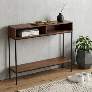 42 Inch Solid Wood Iron Entryway Console Table with Lower Shelf in Chestnut Finish