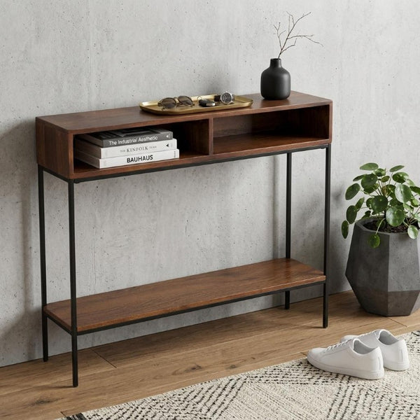 42 Inch Solid Wood Iron Entryway Console Table with Lower Shelf in Chestnut Finish