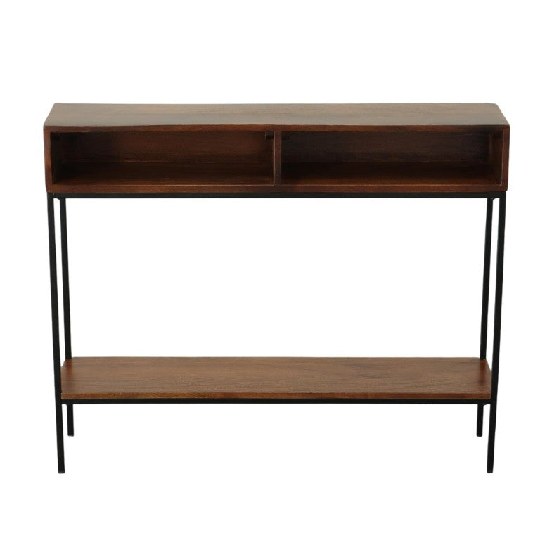 HomeRoots 42 Inch Solid Wood Iron Entryway Console Table with Lower Shelf in Chestnut Finish 745537