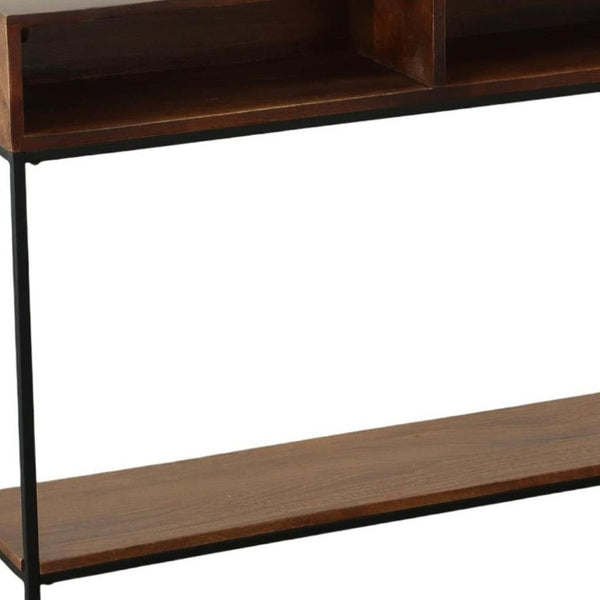 42 Inch Solid Wood Iron Entryway Console Table with Lower Shelf in Chestnut Finish