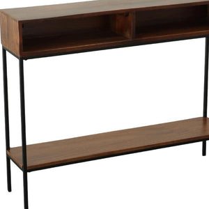 42 Inch Solid Wood Iron Entryway Console Table with Lower Shelf in Chestnut Finish