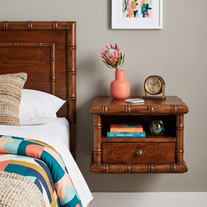 17 Inch Solid Wood Floating Nightstand with Spindle Detail and Single Storage Drawer