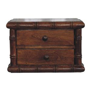 17 Inch Chestnut Solid Wood Floating Nightstand with Spindle Design and Two Drawers