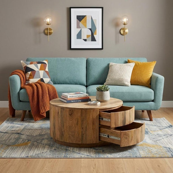 30 Inch Solid Wood Round Drum Coffee Table with Two Drawers for Living Room