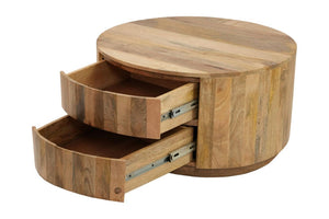 HomeRoots 30 Inch Solid Wood Round Drum Coffee Table with Two Drawers for Living Room 745553