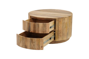 30 Inch Solid Wood Round Drum Coffee Table with Two Drawers for Living Room