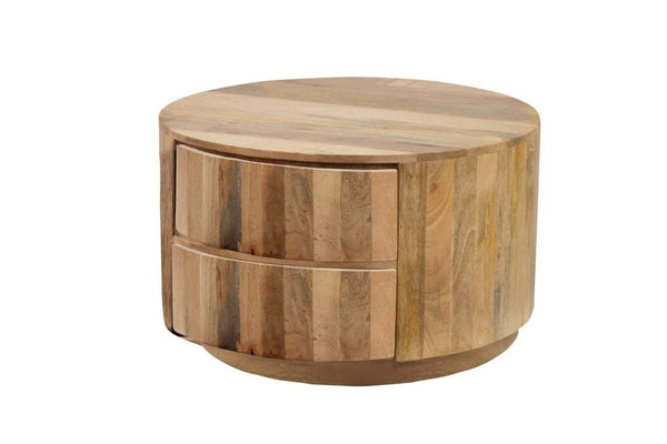 30 Inch Solid Wood Round Drum Coffee Table with Two Drawers for Living Room