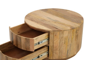 30 Inch Solid Wood Round Drum Coffee Table with Two Drawers for Living Room