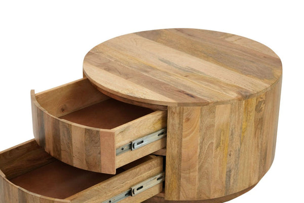 30 Inch Solid Wood Round Drum Coffee Table with Two Drawers for Living Room