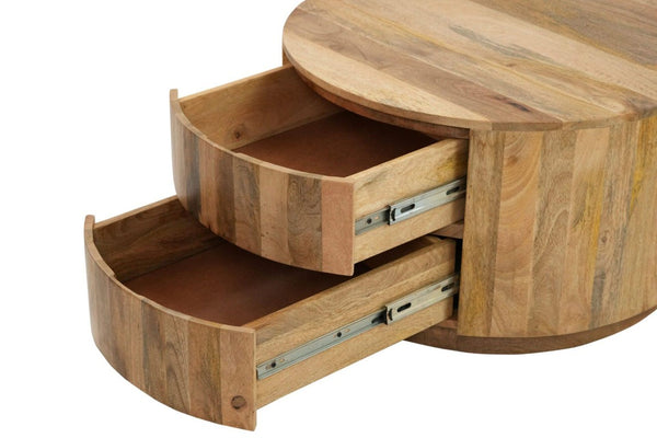 30 Inch Solid Wood Round Drum Coffee Table with Two Drawers for Living Room