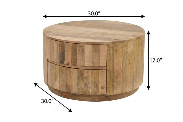30 Inch Solid Wood Round Drum Coffee Table with Two Drawers for Living Room