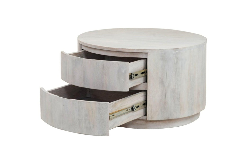 30 Inch Round Drum Coffee Table Solid Wood Distressed Finish with Two Storage Drawers