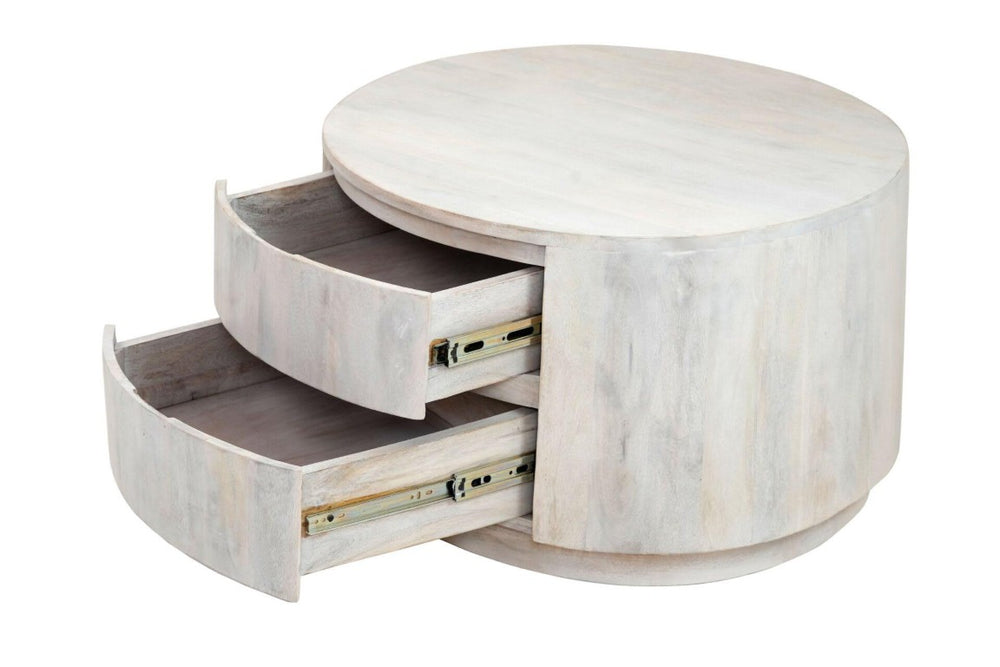 30 Inch Round Drum Coffee Table Solid Wood Distressed Finish with Two Storage Drawers