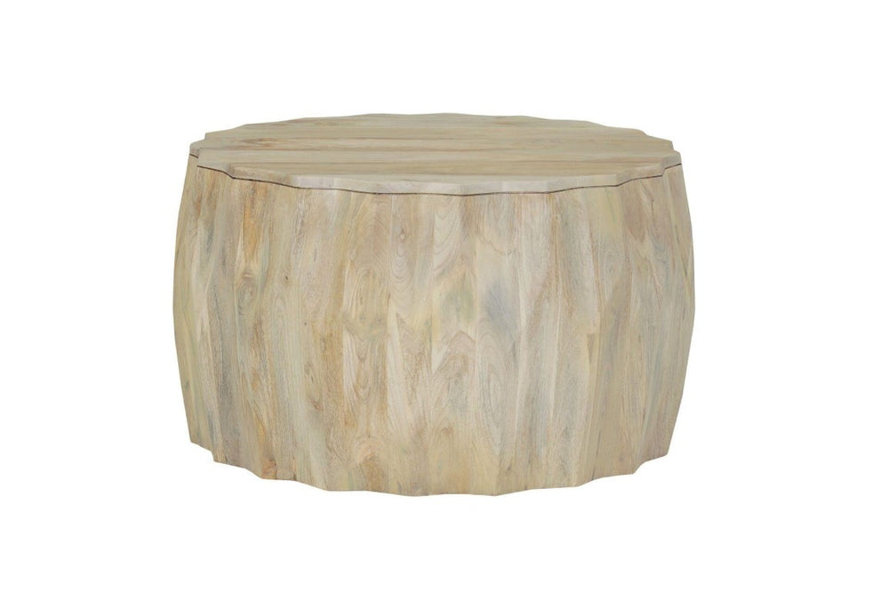 30 Inch Solid Wood Round Coffee Table Natural Finish Drum Base Living Room Accent
