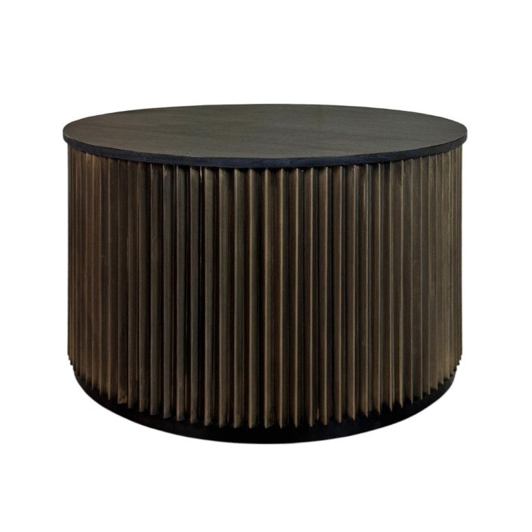 HomeRoots 30 Inch Round Drum Coffee Table Solid Wood Aluminum Base Black Brass Living Room 745564