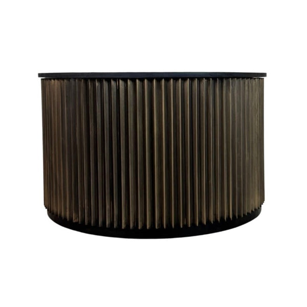 30 Inch Round Drum Coffee Table Solid Wood Aluminum Base Black Brass Living Room