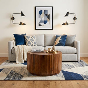 30 Inch Solid Wood Round Drum Coffee Table Chestnut Finish Living Room Accent