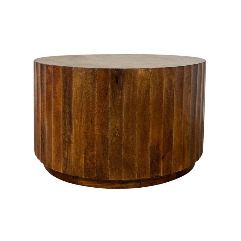 HomeRoots 30 Inch Solid Wood Round Drum Coffee Table Chestnut Finish Living Room Accent 745566