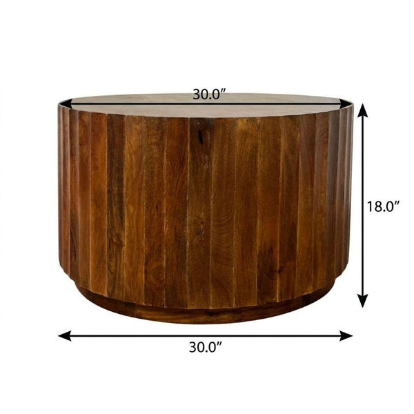 30 Inch Solid Wood Round Drum Coffee Table Chestnut Finish Living Room Accent
