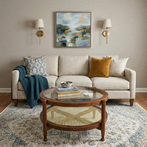 33 Inch Round Glass Top Rattan and Solid Wood Coffee Table for Stylish Living Rooms