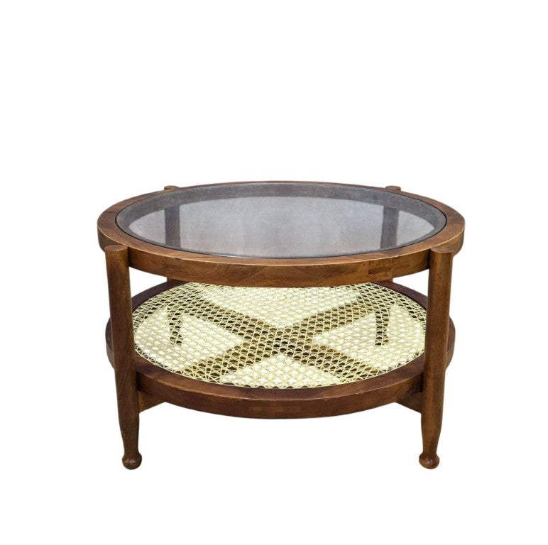 HomeRoots 33 Inch Round Glass Top Rattan and Solid Wood Coffee Table for Stylish Living Rooms 745570