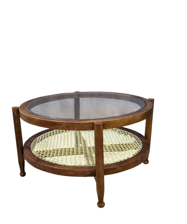 33 Inch Round Glass Top Rattan and Solid Wood Coffee Table for Stylish Living Rooms