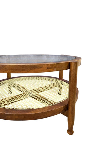 33 Inch Round Glass Top Rattan and Solid Wood Coffee Table for Stylish Living Rooms