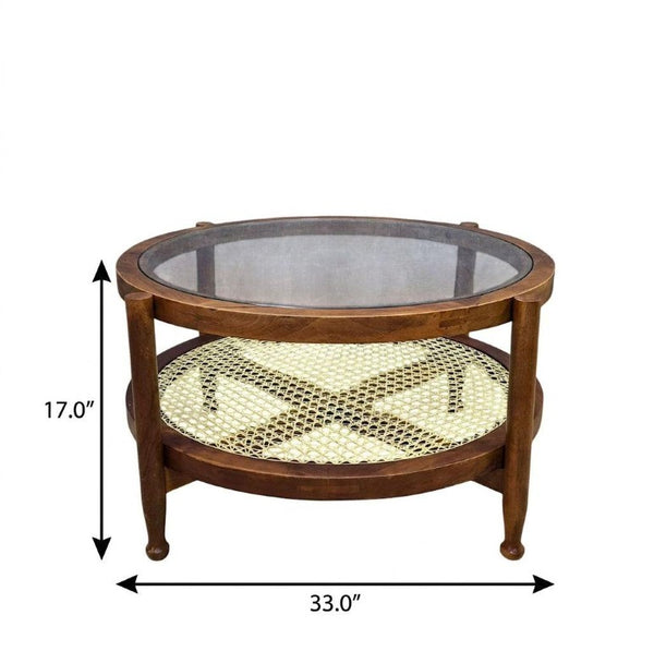 33 Inch Round Glass Top Rattan and Solid Wood Coffee Table for Stylish Living Rooms