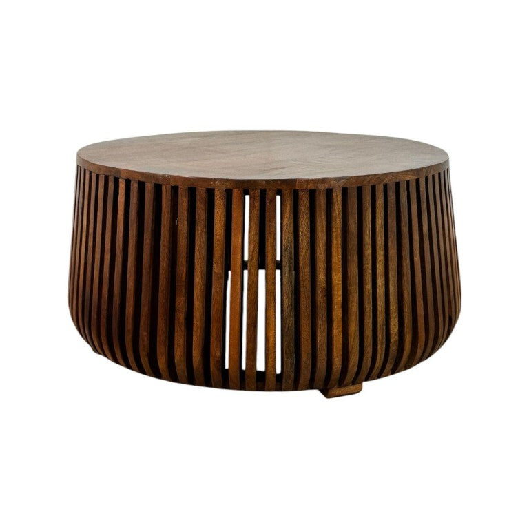 HomeRoots 36 Inch Solid Wood Round Coffee Table Drum Base Living Room Accent Chestnut Finish 745571