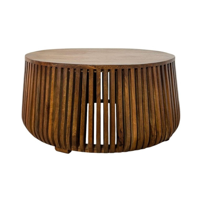 HomeRoots 36 Inch Solid Wood Round Coffee Table Drum Base Living Room Accent Chestnut Finish 745571