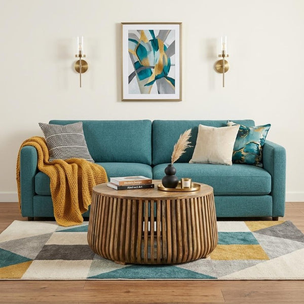 36 Inch Solid Wood Round Drum Coffee Table Handcrafted Accent for Modern Living Room