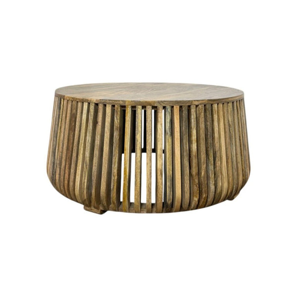 36 Inch Solid Wood Round Drum Coffee Table Handcrafted Accent for Modern Living Room