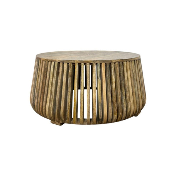 36 Inch Solid Wood Round Drum Coffee Table Handcrafted Accent for Modern Living Room