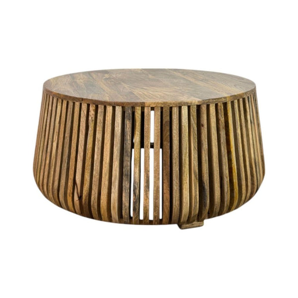 36 Inch Solid Wood Round Drum Coffee Table Handcrafted Accent for Modern Living Room