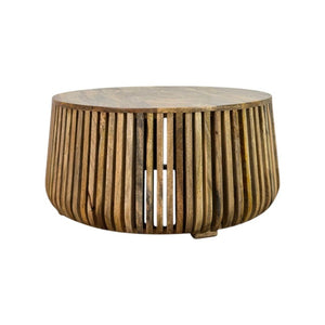 36 Inch Solid Wood Round Drum Coffee Table Handcrafted Accent for Modern Living Room