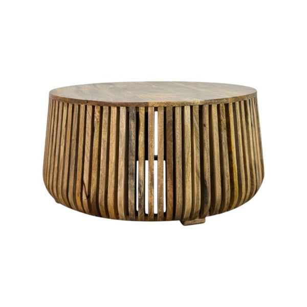 36 Inch Solid Wood Round Drum Coffee Table Handcrafted Accent for Modern Living Room