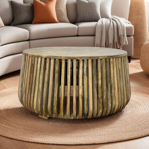 36 Inch Solid Wood Round Drum Coffee Table Handcrafted Accent for Modern Living Room
