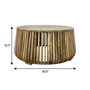 36 Inch Solid Wood Round Drum Coffee Table Handcrafted Accent for Modern Living Room