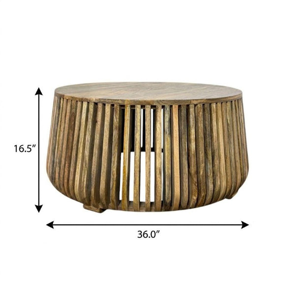 36 Inch Solid Wood Round Drum Coffee Table Handcrafted Accent for Modern Living Room