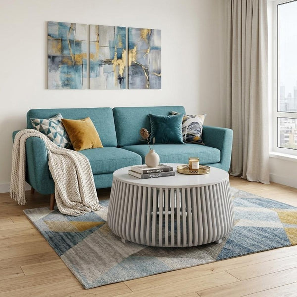 36 Inch Solid Wood Round Drum Coffee Table Handcrafted Accent for Modern Living Room